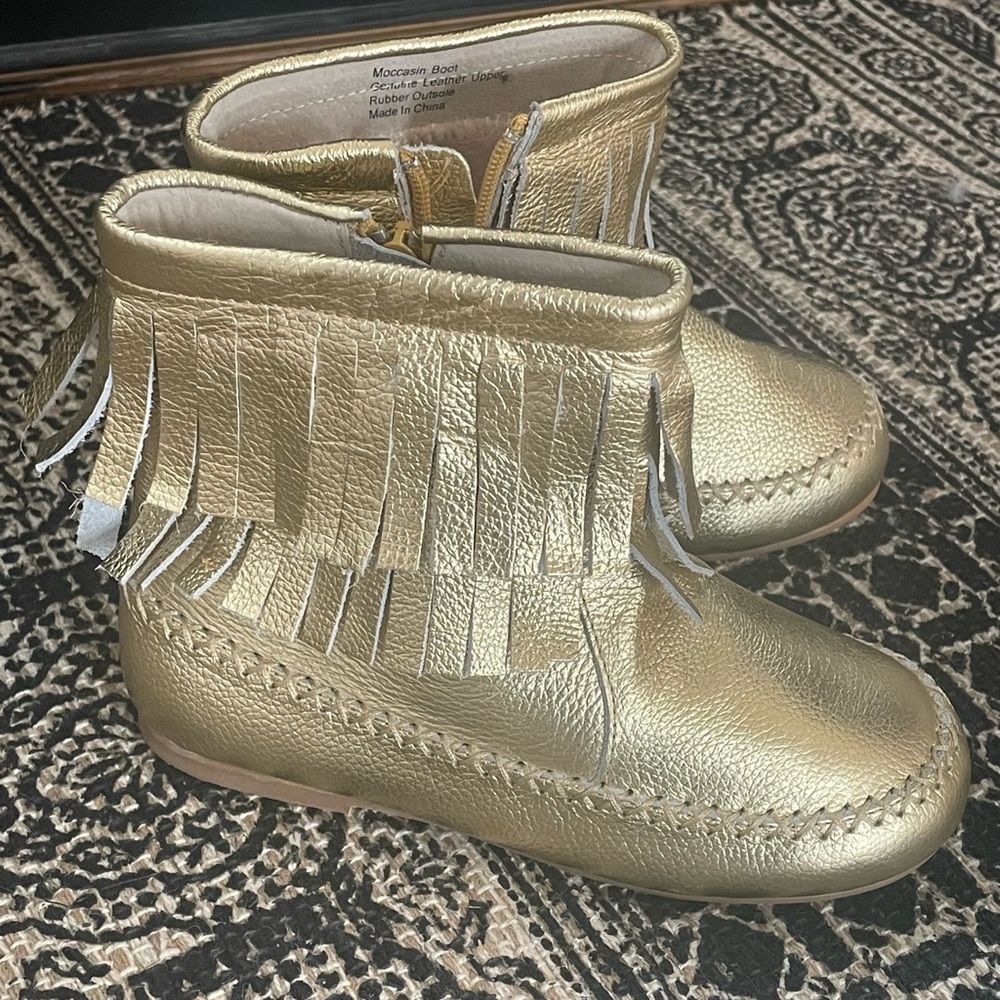 Gold leather moccasin boots